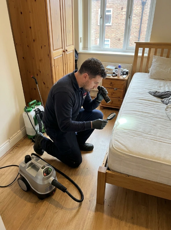 London pest control technician inspecting a kitchen