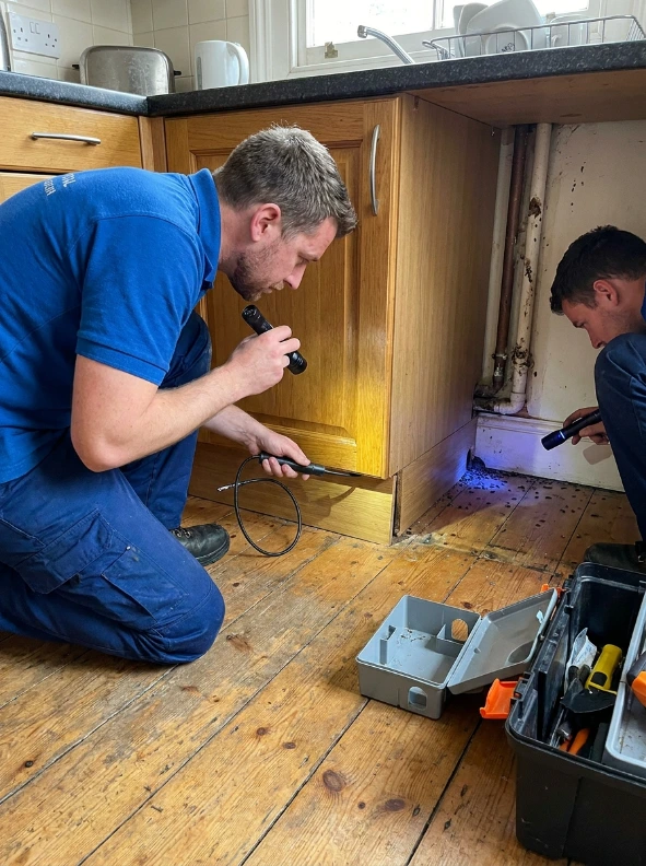 London pest control technician inspecting a kitchen