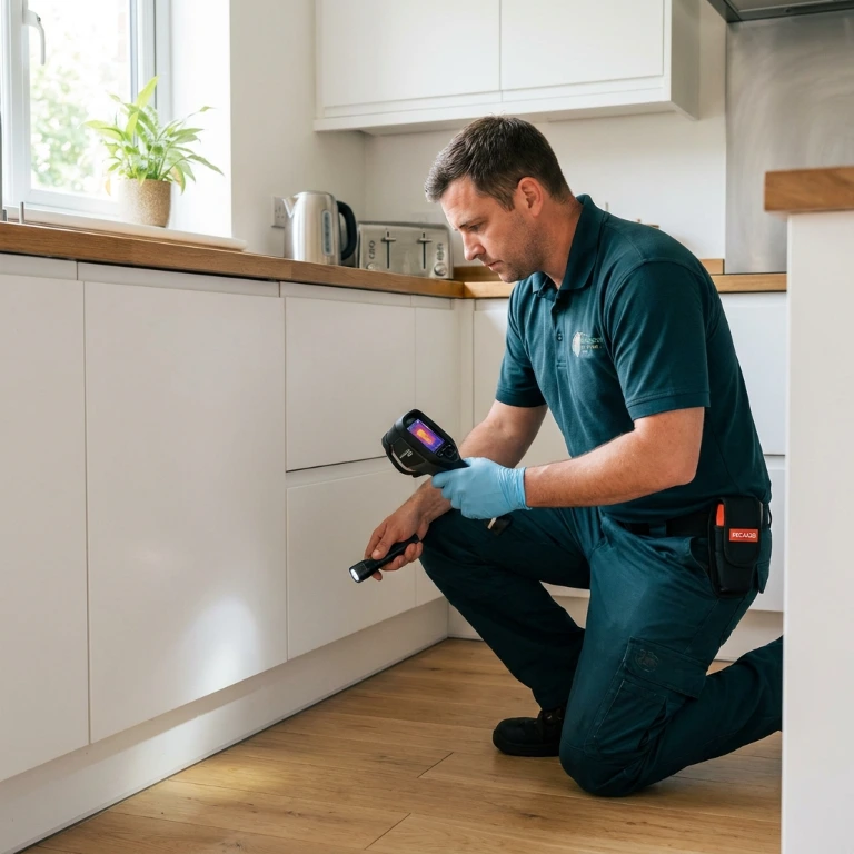 London pest control technician inspecting a kitchen