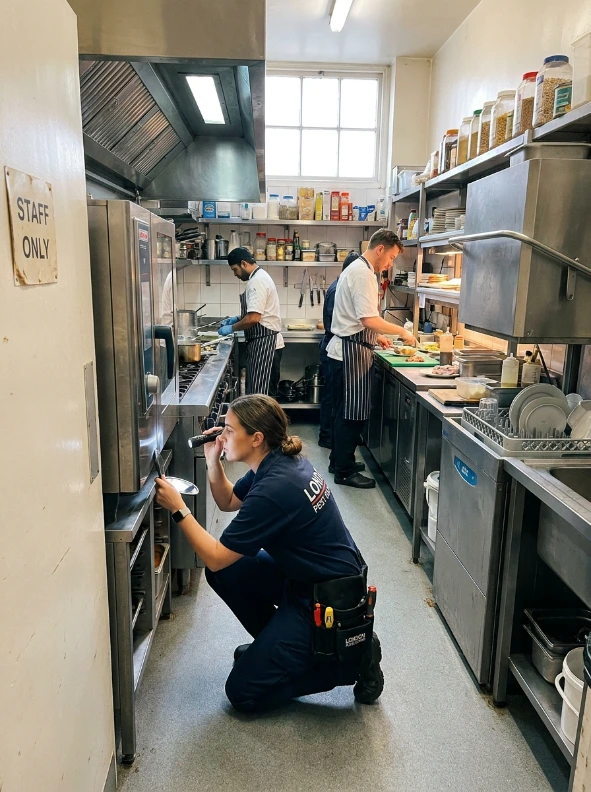 London pest control technician inspecting a kitchen