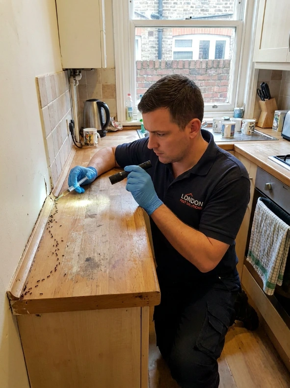 London pest control technician inspecting a kitchen