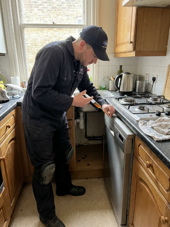 London pest control technician inspecting a kitchen